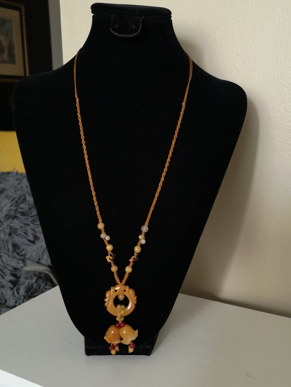 Fun Estate Necklace Carved Stone Owl ? & Bell Flowers Adjustable Braided Strand